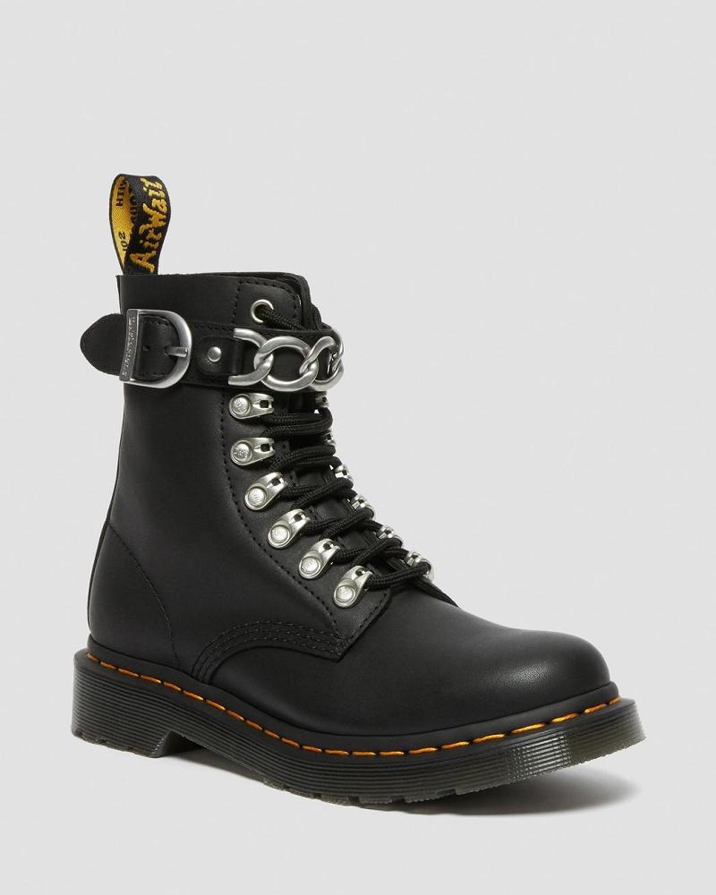 Women\'s Dr Martens 1460 Pascal Chain Leather Lace Up Boots Black | AU 181FDN